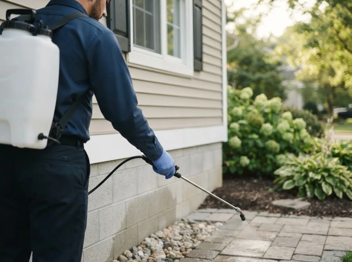 Pest control technician inspecting a home in Belgrade, NE